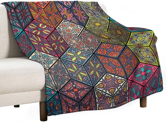 Hippie Bohemian Mandala Throw Blanket Indian Flower Floral Texture Print Blanket for Sofa Bed Couch Chair Or Dorm 50"x60"