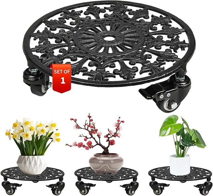 Rolling Plant Stand with Wheels, 1 Pack Heavy Duty Metal Plant Caddy 11 Inch Wrought Iron Plant Dolly Outdoor Round Plant Rollers Stand for Large Potted Plants and Flower Pot, Black