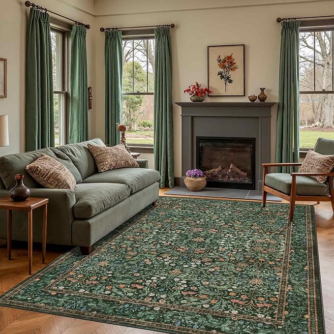 8x10 Area Rugs for Living Room Bedroom, Large Washable Rug, Green Vintage Floral Boho Rug, Non Slip & Low Pile Faux Wool Thin Carpet for Indoor Dining Room and Kids Room(Green 8x10ft)