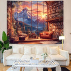 Accnicc Forest Mountain Library Tapestry Fantasy Bookshelf Tapestries Wall Hanging Watercolor Nature Fairy Sunset Library Backdrop Large Tapestry for Bedroom Living Room Dorm Classroom 80 x 60 inch
