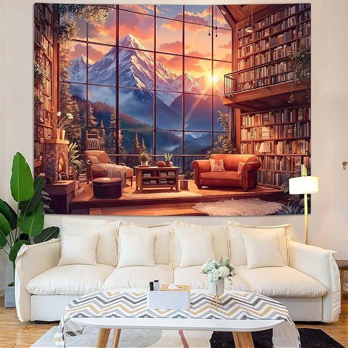 Accnicc Forest Mountain Library Tapestry Fantasy Bookshelf Tapestries Wall Hanging Watercolor Nature Fairy Sunset Library Backdrop Large Tapestry for Bedroom Living Room Dorm Classroom 80 x 60 inch
