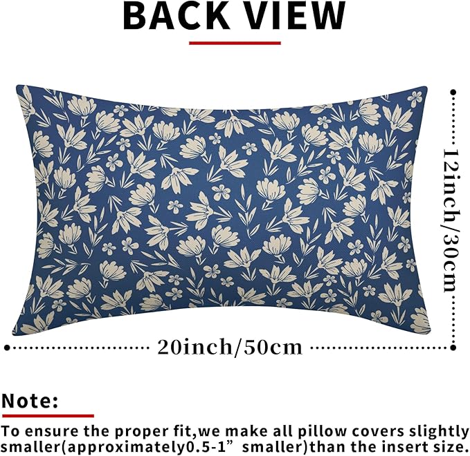 Blue Pillow Covers 12x20 Set of 2 Vintage Floral Rustic Old Style Cute Flower Print Rectangle Decorative Outdoor Pillowcases Seasonal Farmhouse Throw Cushion Case Couch Sofa Bed Decor