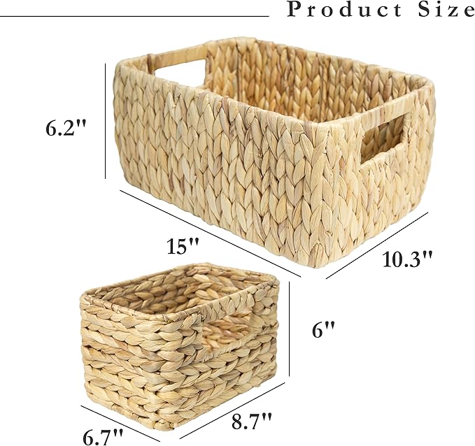 HOMESTEAD Water Hyacinth Storage Baskets, Rectangular Wicker Baskets for Bedroom, Living Room, Bathroom, Shelves - Set of 3