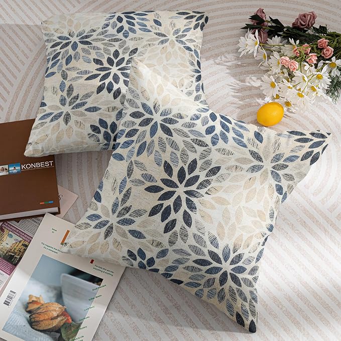 Kawani Navy Blue Dahlia Throw Pillow Covers 16x16 Inch Rustic Geometric Flower Decorative Square Pillow Cases Beige Tan Gray Floral Cushion Covers Farmhouse Home Decor for Sofa Couch Outdoor Set of 2