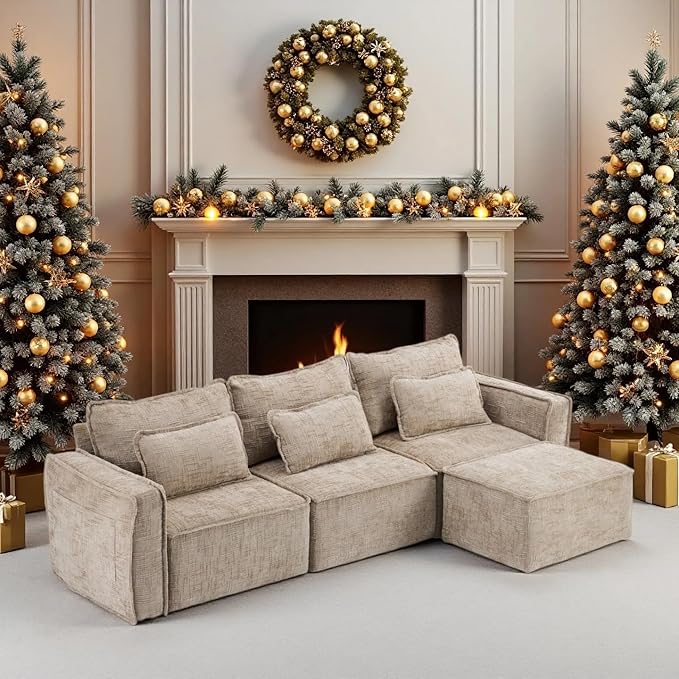 VINGLI 111" Convertible Modular Sectional Sofa,Comfortable L Shaped Reversible Couch with Ottoman, Removable 3 Seater Boneless Modern Couch, Durable Chenille Cloud Sofa for Living Room,Khaki