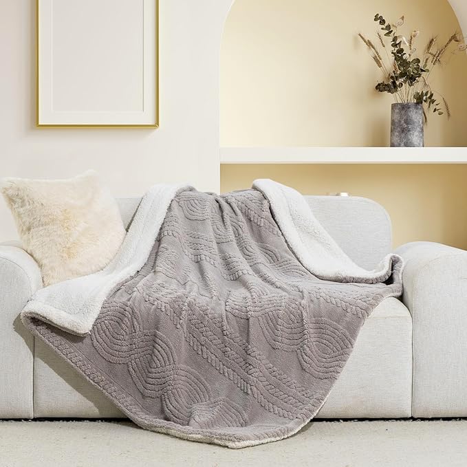 EverGrace Cable Jacquard Sherpa Fleece Throw Blanket for Couch, Super Soft Cozy Fuzzy Plush Blankets for All Seasons, Reversible Thick Warm Blanket for Bed, Sofa, Living Room, Silver Gray, 50" x 60"