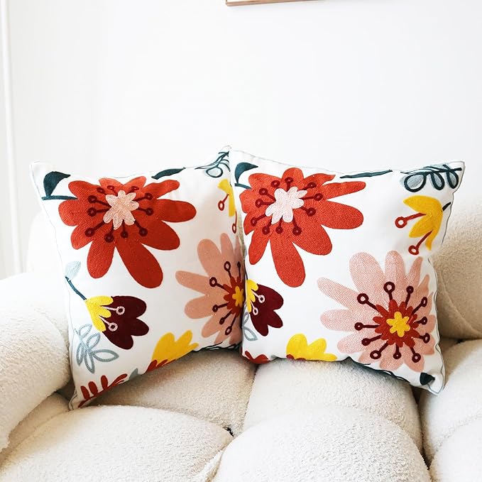 Embroidered Throw Pillow Cover Boho Floral Pillow Covers for Couch Sofa 3D Big Flowers Bohemian Pillow Covers Red Blush Yellow Botanical Leaves 2PCS Pillowcase Covers 18x18 Inch