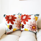 Embroidered Throw Pillow Cover Boho Floral Pillow Covers for Couch Sofa 3D Big Flowers Bohemian Pillow Covers Red Blush Yellow Botanical Leaves 2PCS Pillowcase Covers 18x18 Inch