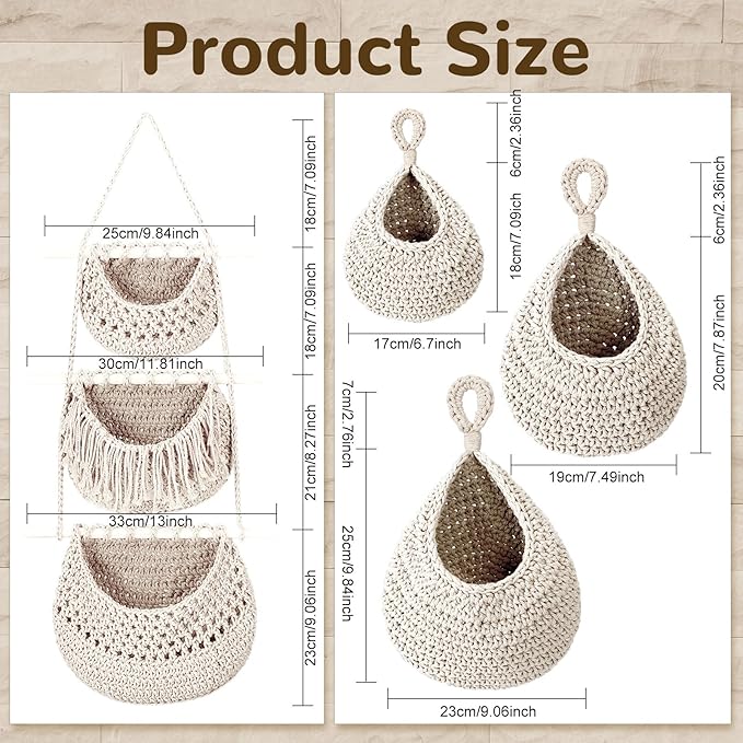 Windyun 4 Pcs Hanging Fruit Basket Teardrop Baskets Handmade Woven Cotton Rope 3 Tier over the Door Organizer Hanging Boho Wall Decor for Storage Kitchen(White)