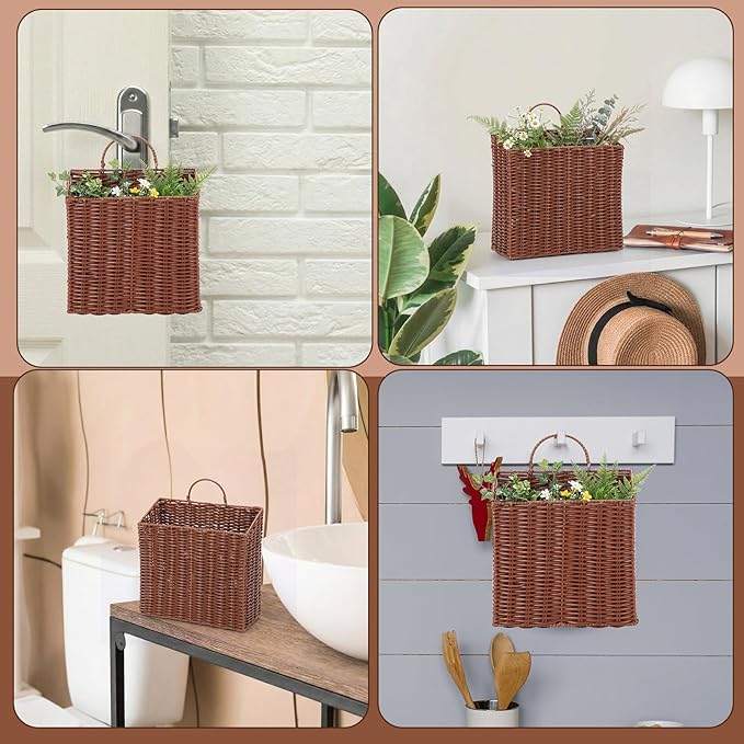 2 Pack PE Rattan Hanging Wall Basket Wicker Hanging Basket for Front Door Mail Flowers Books Accessories Organizing Boho Rustic Farmhouse Wall Decor(Square Opening)