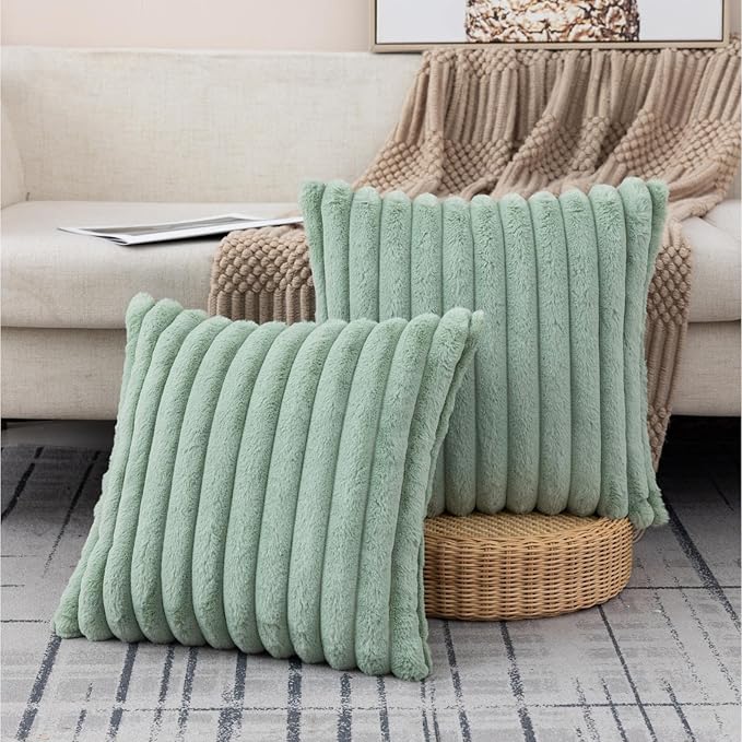ZLINA Set of 2 Light Green Faux Fur Decorative Throw Pillow Covers Fluffy Striped Pillowcase Cushion Covers 26 x26 Inch Decor Sofa Couch Bedroom