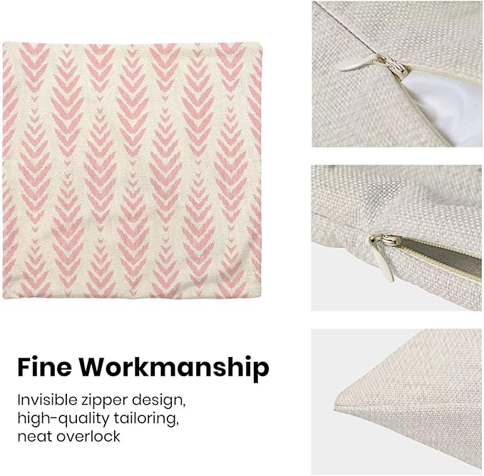 BETGINY Boho Pillow Covers 16 x 16 Inch Pack of 2, Pink Bohemian Ethnic Herringbone Pattern Decorative Throw Pillow Covers Vintage Linen Farmhouse Outdoor Pillowcase for Bedroom Home Sofa Decor