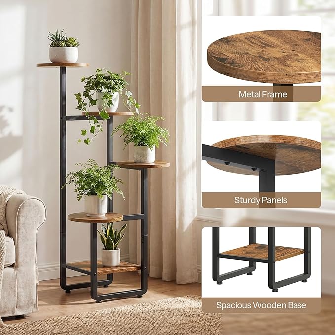 HOOBRO Plant Stand Indoor, 5 Tiered Corner Plant Shelf Flower Stand for Multiple Indoor Plants, Round Plant Flower Display Shelf for Living Room, Balcony, Patio, Rustic Brown and Black BF07HJ01