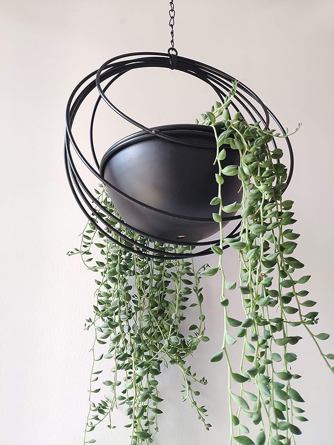 RISEON Boho Metal Plant Hanger,Metal Geometric Hanging Planter, Modern Planter, Mid Century Air Plant Holder Stand, Minimalist Planter for Indoor Outdoor Home Wedding Decor (Black)