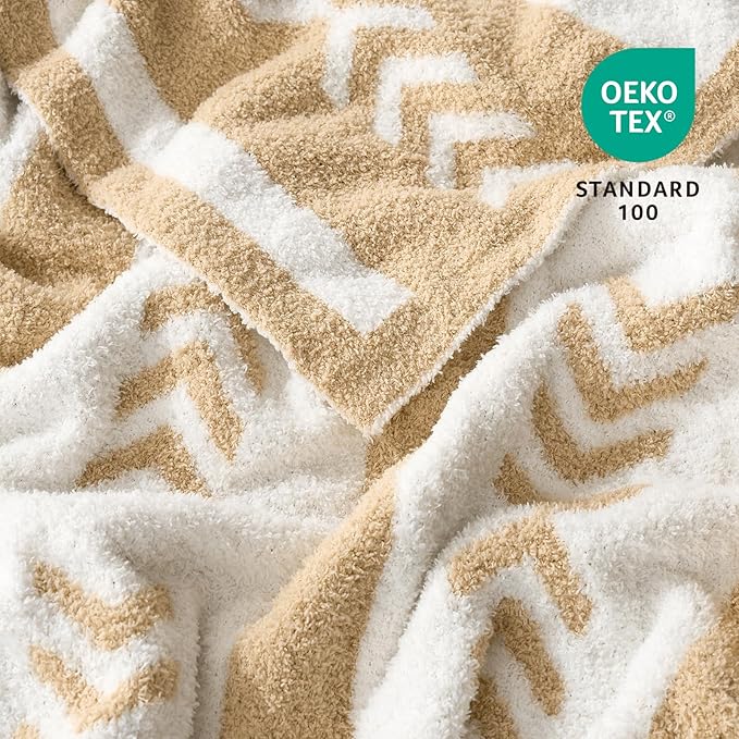 Snuggle Sac Beige Boho Throw Blanket, 50x60 Soft Reversible Fuzzy Knit Throw for Couch, Sofa, Bed, Travel, Cozy Plush Microfiber Blanket for Neutral Home Decor & Gifts