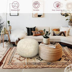 Thgonwid Unstuffed Moroccan Faux Leather Pouf Ottoman with Storage - Handmade Boho Chic Multi-Use Footrest for Living Room, Bedroom, Patio - Round Ethnic Floor Cushion & Decorative Accent, Ivory