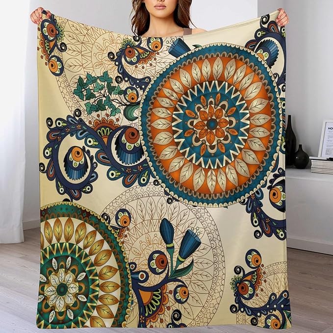 Bohemian Flower Throw Blanket Boho Mandala Floral Flowers Print Pattern Blanket for Sofa Bed Couch Chair Or Dorm 50"x60"