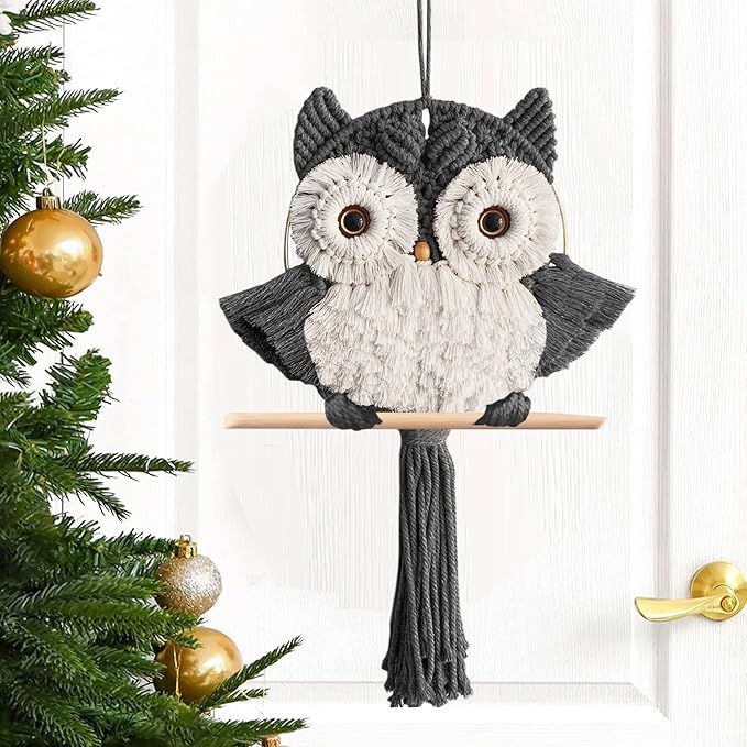 Macrame Owl Wall Hanging - Handmade Boho Hanging Tapestry Art Home Decor, Nature-Inspired Gift for Owl Lovers, Sustainable Fiber Wall Art Minimalist Bird-Themed Decor - Grey