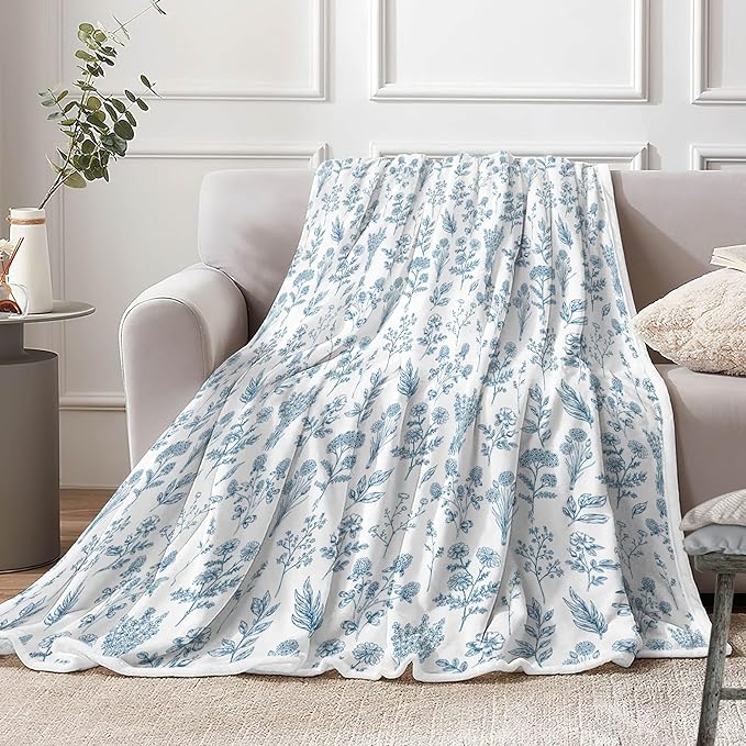 Floral Fuzzy Blanket Boho Floral Throw Blanket, Blue Botanical Flowers Blankets, Soft, Flannel, Warm, Rustic Flowers Bed Blankets All Season for Couch Bedroom Living Room 50X70 Inch