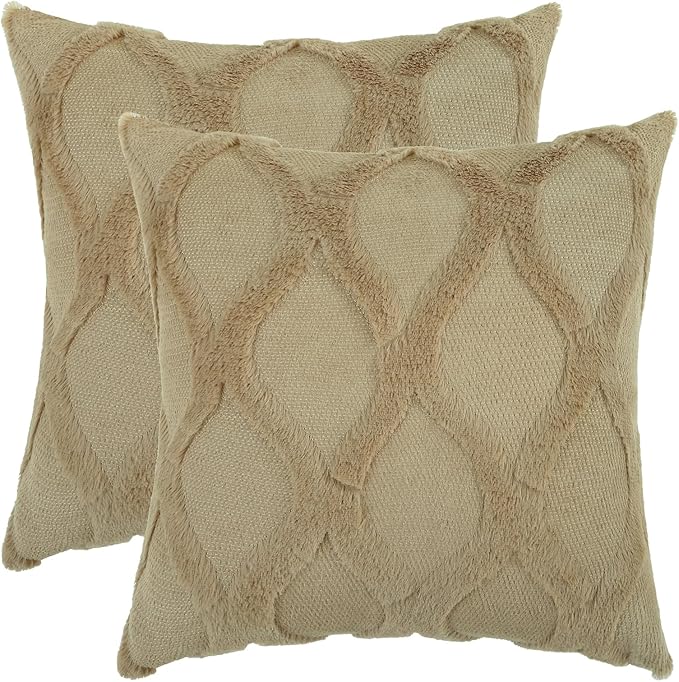 decorUhome Spring Throw Pillow Covers 18x18 Inch Set of 2, Soft Plush Faux Fur Wool Khaki Accent Couch Pillow Covers for Modern Farmhouse Bed Sofa Living Room