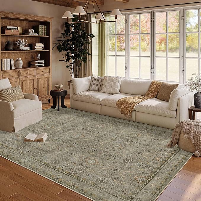 5x7 Area Rugs for Living Room Bedroom, Washable Rug, Vintage Floral Boho Rug, Non Slip & Low Pile Faux Wool Thin Carpet for Indoor Dining Room and Kids Room(Olive Brown 5x7ft)