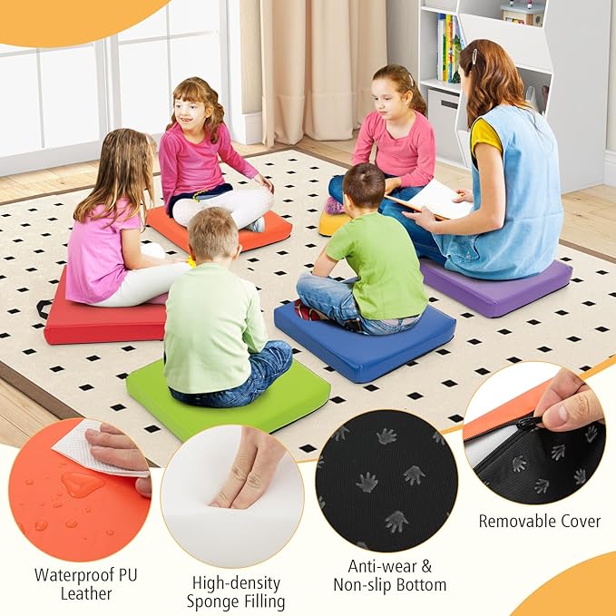 HONEY JOY 6PCS Floor Cushions for Kids, 16" Length Flexible Alternative Portable Classroom Seating with Handles, Easy to Clean, Thick Soft Foam Comfy Square Seats for Daycare Preschool, Colorful