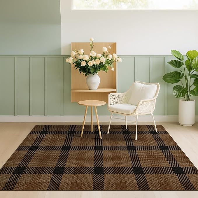 Brown and Black 4x6 Easy Jute Rug for Large Entryway - Neutral Dark Rug with Rubber Backing for Living Room, Checkered Decor for Entrance, Kitchen, Earthy & Coffee Rustic Accent