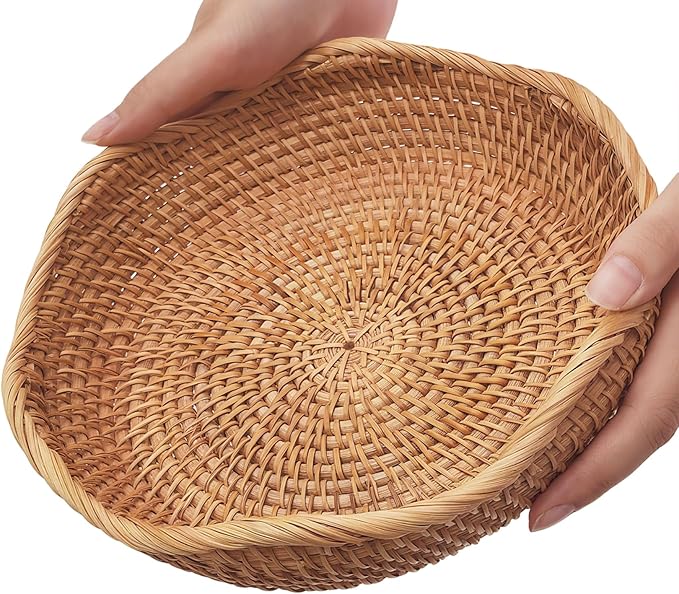 8.7" Wave Small Wicker Basket, Artisanal Rattan Fruit Basket, Key Bowl for Entryway Table, Decorative Bowl for Kitchen Counter, Bedside, Living Room, Natural Woven Fruit Bowl, Purse Bowl, Bread Basket