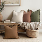 MIULEE Decorative Couch Pillow Covers Neutral Linen Fringe Throw Pillows Set of 4 Soft Rustic Cushions Boho Farmhouse Pillowcases for Bed Sofa Living Room Spring Decor 18x18 Inch Beige/Brown/Green