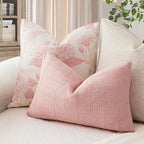 Foindtower Set of 2 Decorative Linen Check Throw Pillow Covers Neutral Farmhouse Lumbar Cushion Covers Modern Boho Accent Home Decor for Sofa Chair Couch Bedroom Living Room,12×20 Inch,Light Pink