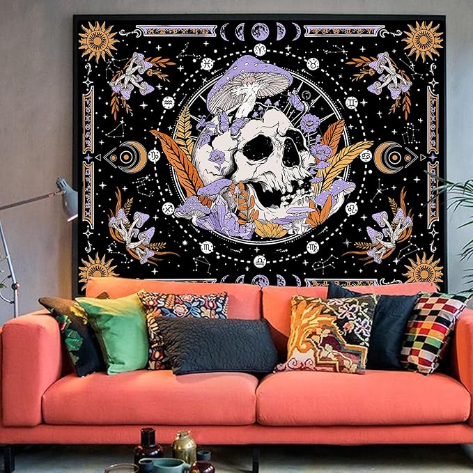 Aipon Purple Skeleton Tapestry Bedroom Skull Mushroom Tapestries Hippie Nature Plants Floral Flower Aesthetic Tapestry Wall Hanging for Living Room Dorm (Purple, 48'' × 36'')