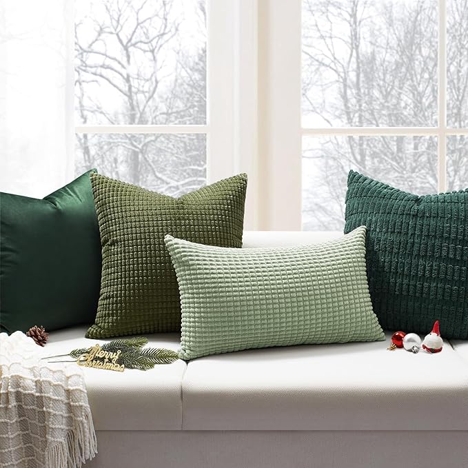 Softalker Throw Pillow Covers 12x20 Inch, Set of 2, Soft Corduroy Boho Stripe Decorative Pillow Cover, Couch Fluffy Pillow Cover for Farmhouse Home Decor Bed Living Room, Olive Green