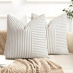 YCOLL Farmhouse Pillow Covers 22x22, Modern Accent Square Throw Pillow Covers Set of 2, Black and Beige Striped Patchwork Linen Decorative Pillows Cushion Covers for Couch Chair Bedroom Home Decor