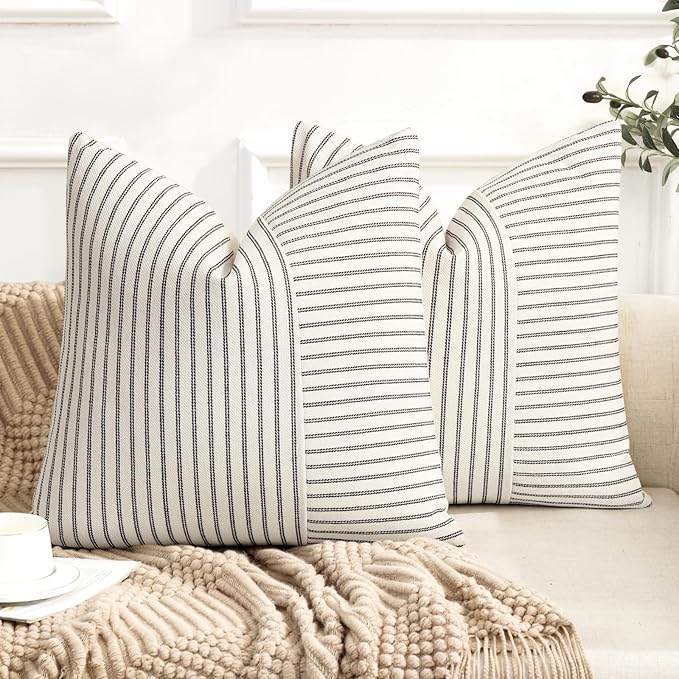 YCOLL Farmhouse Pillow Covers 18x18, Modern Accent Square Throw Pillow Covers Set of 2, Black and Beige Striped Patchwork Linen Decorative Pillows Cushion Covers for Couch Chair Bedroom Home Decor