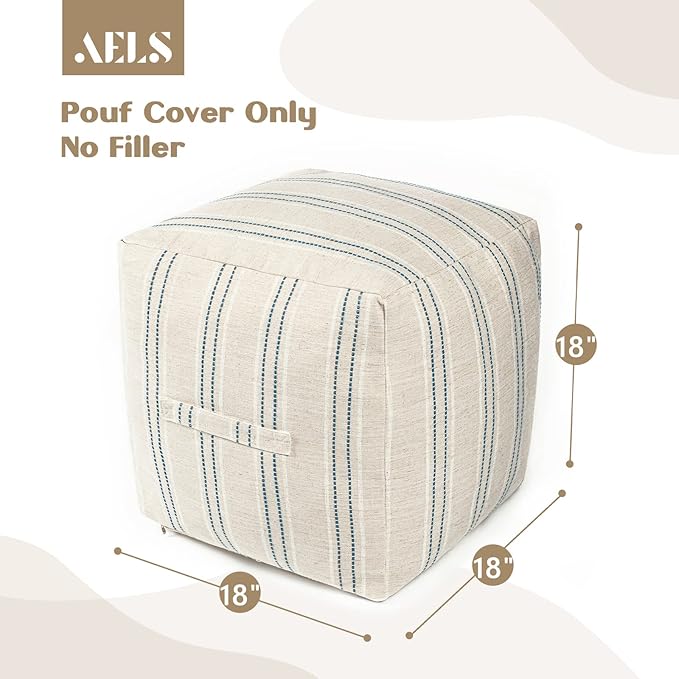 AELS Unstuffed Farmhouse Pouf Cover for Living Room, Boho Storage Bean Bag Cubes, Beige with Navy Blue Stitch Yarn Dyed Stripe Square Ottoman Pouf Foot Rest Footstool, 18"x18"x18", Cover ONLY