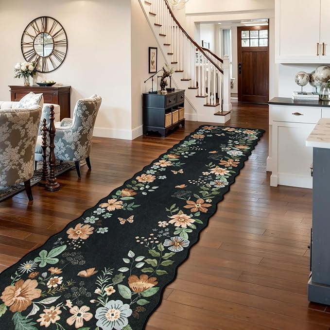 Lahome Floral Hallway Runner Rug Non Slip, 2'6''x10' Washable Runner Ultra-Thin Soft Kitchen Runners for Hallways, Stain Resistan Carpet for Entryway Bathroom Flore (Black/Grey)