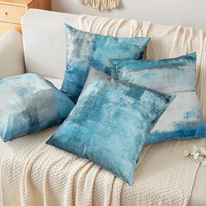 COLORPAPA Teal Throw Pillow Covers 20x20 Set of 4 Decorative Cushion Cover Turquoise Grey Abstract Art Painting Pillowcase for Sofa Bedroom Living Room Décor