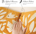 BlissBlush 14x36 Lumbar Pillow Cover for Bed, Yellow Mustard Rectangular Long Throw Pillowcase, Embroidered Velvet Floral Tufted Farmhouse Accent Cushion (Cover Only)