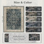 Vintage Distressed 8x10 Rugs for Living Room Bedroom, Washable Non Slip Dining Room Rugs for Under Table, Low Pile Thin Soft Carpet Farmhouse Dark Medallion Printed, Midnight/Multi