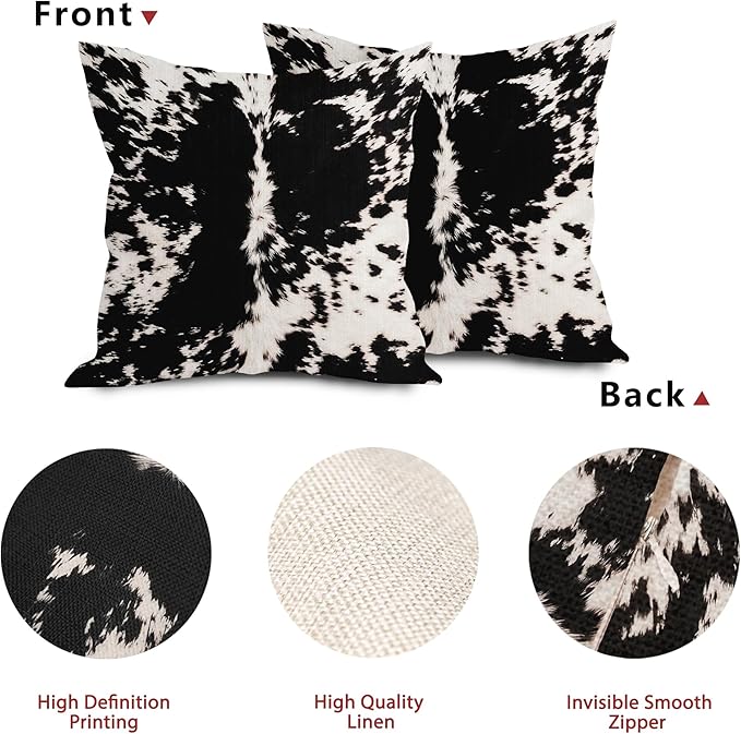 Cowhide Print Pillow Covers 22X22 Inch Black White Cow Spots Decorative Square Pillow Cases Set of 2 Farmhouse Western Home Decor Cotton Linen Throw Pillows For Bedroom Sofa Couch Porch Outdoor