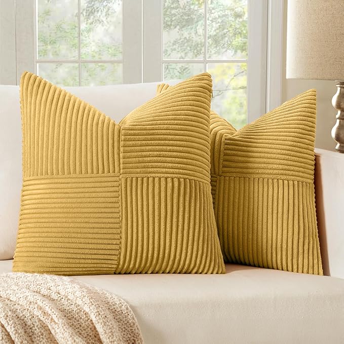 MIULEE Golden Mustard Decorative Throw Pillow Covers 18x18 Inch for Couch Bed Sofa Pack of 2 Boho Farmhouse Throw Pillows Soft Cross Corduroy Patchwork Textured Cushion Cases