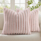 decorUhome Summer Cozy Faux Fur Throw Pillow Covers 24x24 Set of 2 Decorative Plush Striped Modern Farmhouse Boho Couch Euro Sham Pillow Cases with Velvet Back for Sofa Bed Living Room, Pink White