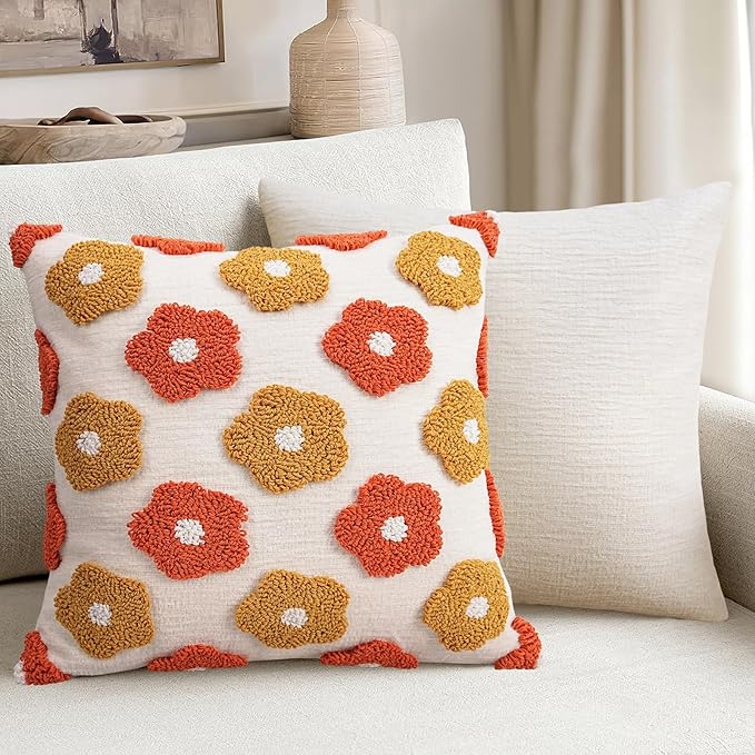 Adabana Chenille Flower Throw Pillow Cover 18x18 Boho Decorative Tufted Pillows Cover Soft Textured Accent Pillow for Couch Bed Sofa Living Room Bedroom, Yellow Orange