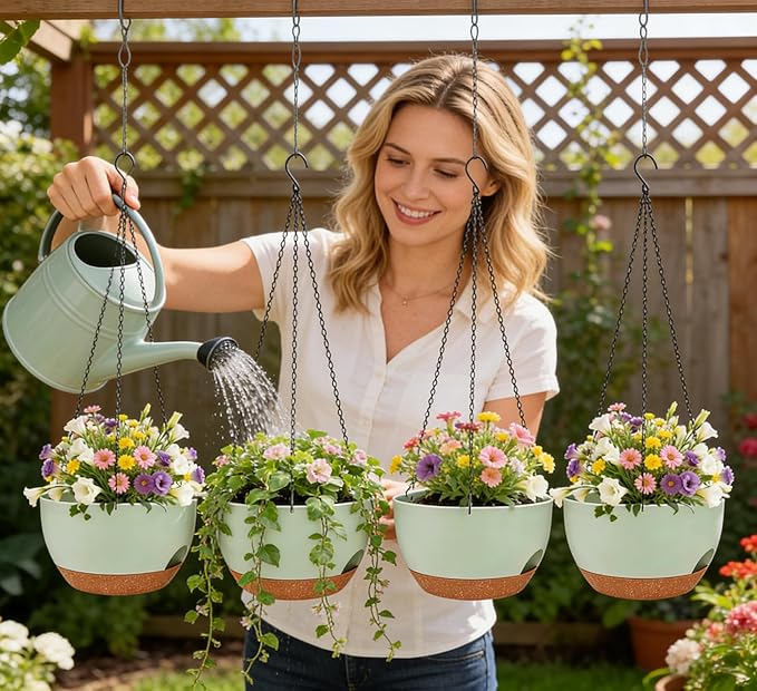 Set of 4-8 Inch Self Watering Hanging Planters for Indoor Outdoor，Hanging Plant Pots with Drainage & Removable Tray, Hanging Pots Holder for Ivy, Pothos, Ferns, Balcony & Patio, Green Brown