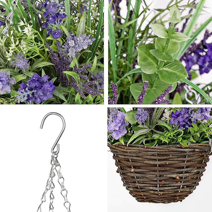 Briful Artificial Hanging Basket for Outdoor, Realistic Hanging Lavender Plant, Rustic Woven Basket, 19.6'' Artificial Hanging Flowers for Porch, Patio, Farmhouse & Indoor Decor