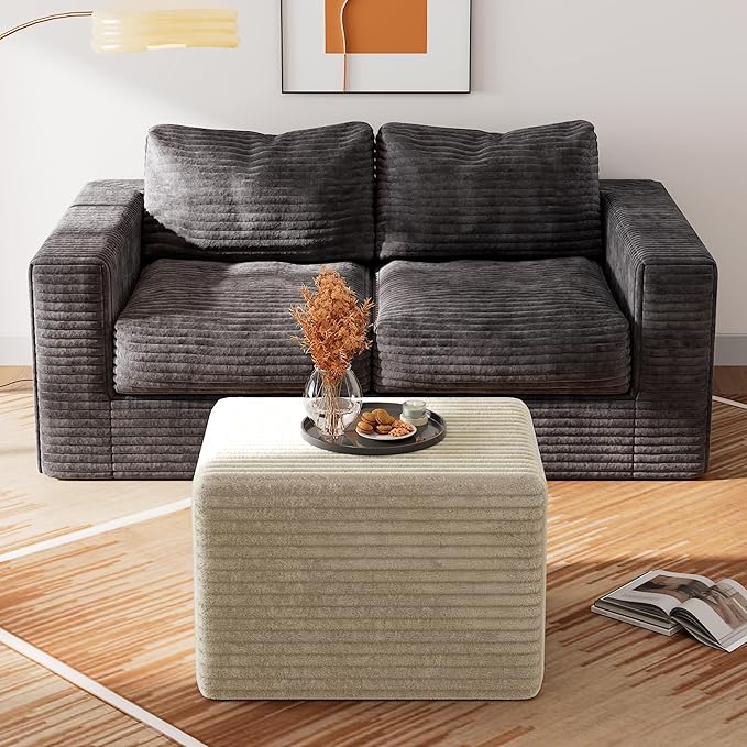WLIVE Pouf Ottoman Foot Rest, Square Bean Bag Ottoman Coffee Table for Living Room, Greyish Beige