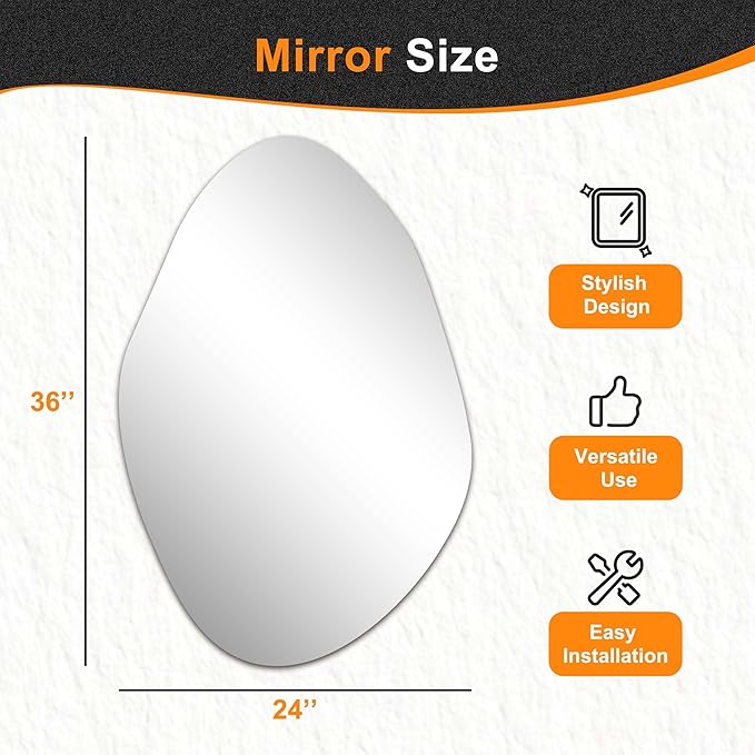 Delma Irregular Wall Mirror, 36"x24" Asymmetrical Wavy Cloud Design, Frameless Decorative Mirror for Bathroom, Bedroom, Living Room & Entryway, Modern Boho Wall-Mounted