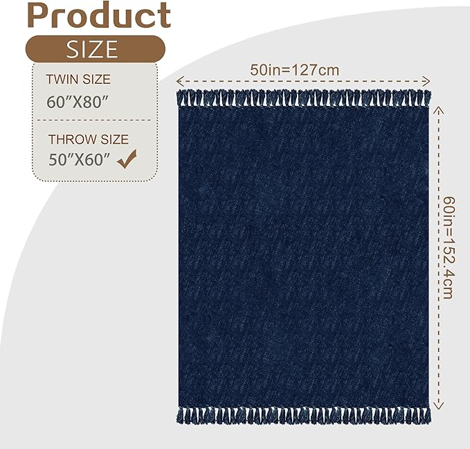 Chenille Throw Blanket for Couch with Tassels,50"X60" Soft Cozy Lightweight Knitted Boho Decorative Blankets for Bed and Sofa,Navy Blue