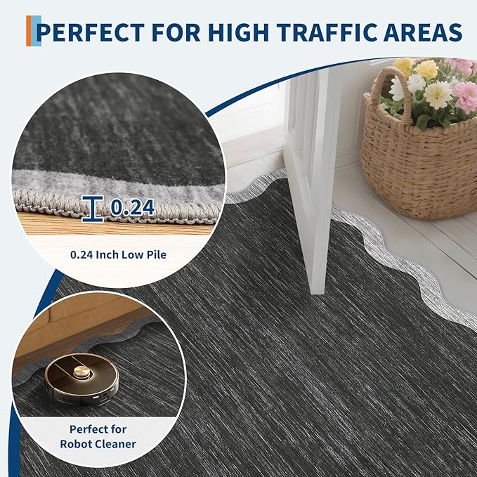 GarveeHome Scalloped Washable Area Rug 8x10 Rug for Living Room Modern Rug Non Slip Throw Rugs Large Rugs for Bedroom Low Pile Non Shedding Stain Resistant Carpet for Dining Room 8 ft x10 ft Black