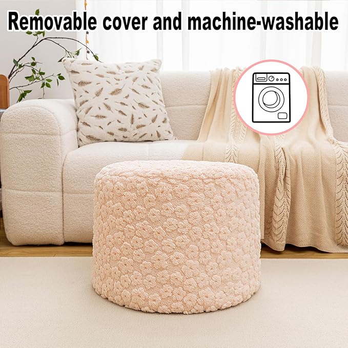 Ottoman Foot Rest Stuffed Round Boho Floor Poof Seating Armchair Ottoman Foot Stool Floor Cushion Bean Bag Pouf 18x18x14 Inch Pink